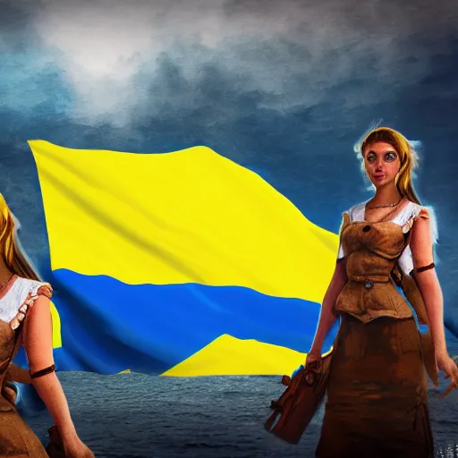 Image similar to ukrainian girls with ukrainian flag near big ruined warship, happy, concept art, trending on artstation, highly detailed, intricate, sharp focus, digital art, 8 k