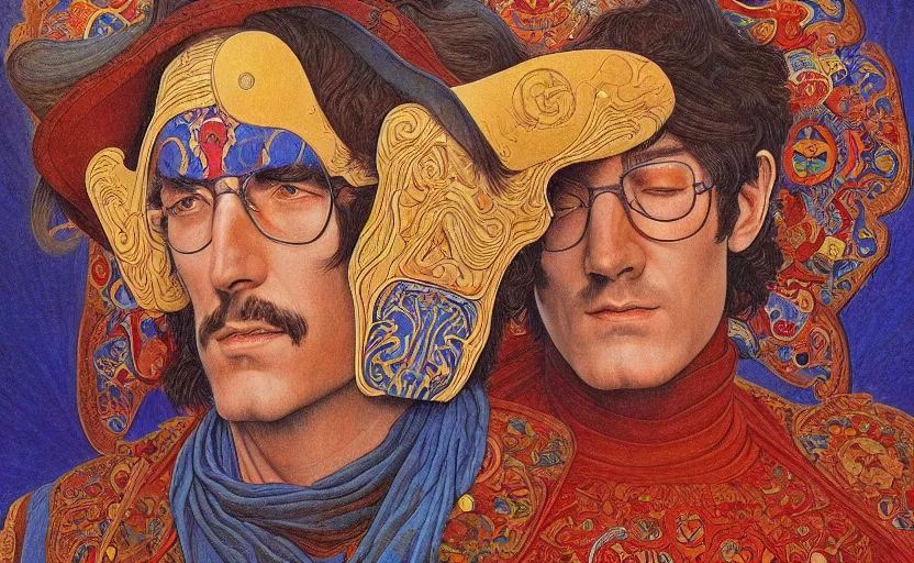 Prompt: an breath - taking jean giraud work of art of john lenon in the style of a renaissance masters portrait, mystical and new age symbolism and tibetan book of the dead imagery, intricately detailed, the beatles imagery, 4 k