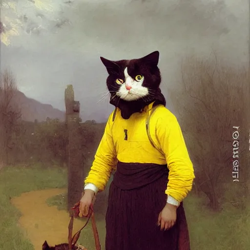 Image similar to belligerent man wearing a cat costume with a yellow hoodie greg danton william adolphe bouguereau vasily surikov anton fadeev simon stalenhag