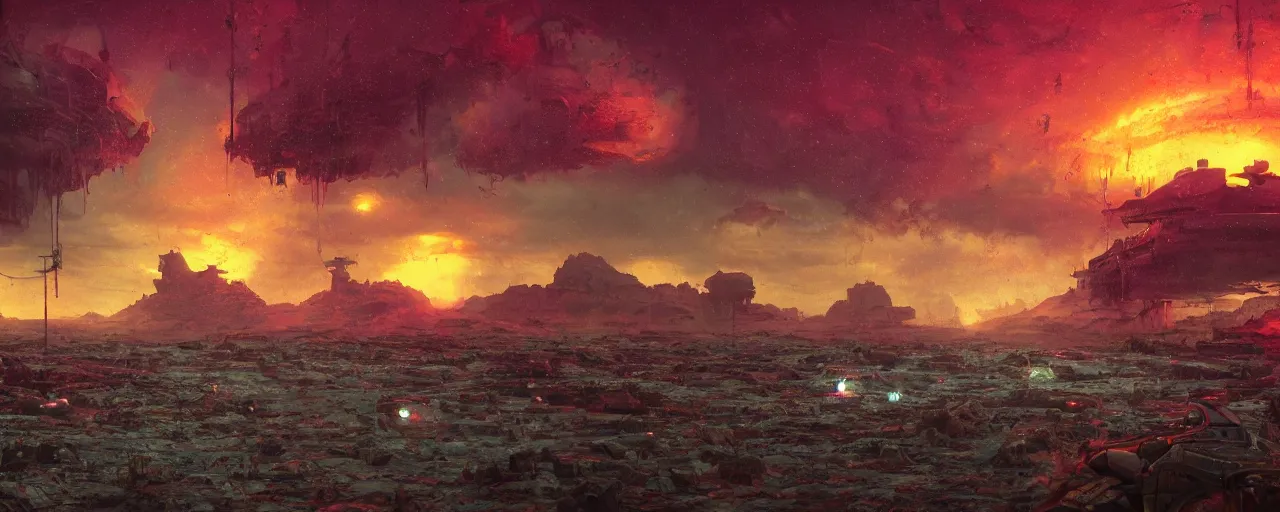 Image similar to ” otherwordly depressing landscape radioactive desolate wasteland, [ cinematic, detailed, epic, widescreen, opening, establishing, mattepainting, photorealistic, realistic textures, octane render, art by paul lehr ] ”