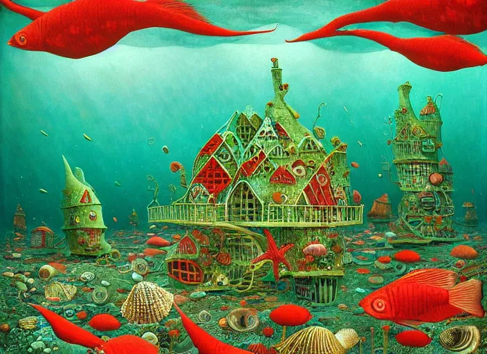 Image similar to underwater city with fish citizens inside!! the seashell, green and red seaweed, red corals, small scandinavian!!! houses, little people!!!, by jacek yerka by levitan, surrealistic painting, masterpiece, oil painting, sharp focus, highly detailed, intricate, smooth, 8 k,