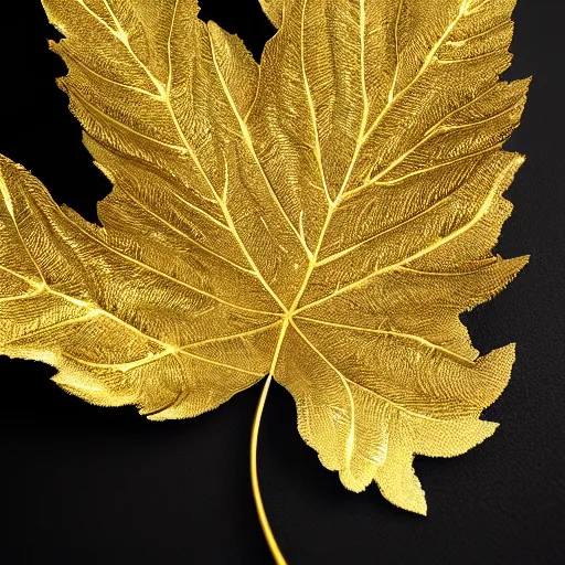 Prompt: Intricate fantasy leaf, encrusted with jewels, gilded gold, detailed veins, sharp focus, octane render, high quality, 8k, volumetric lighting, on black background