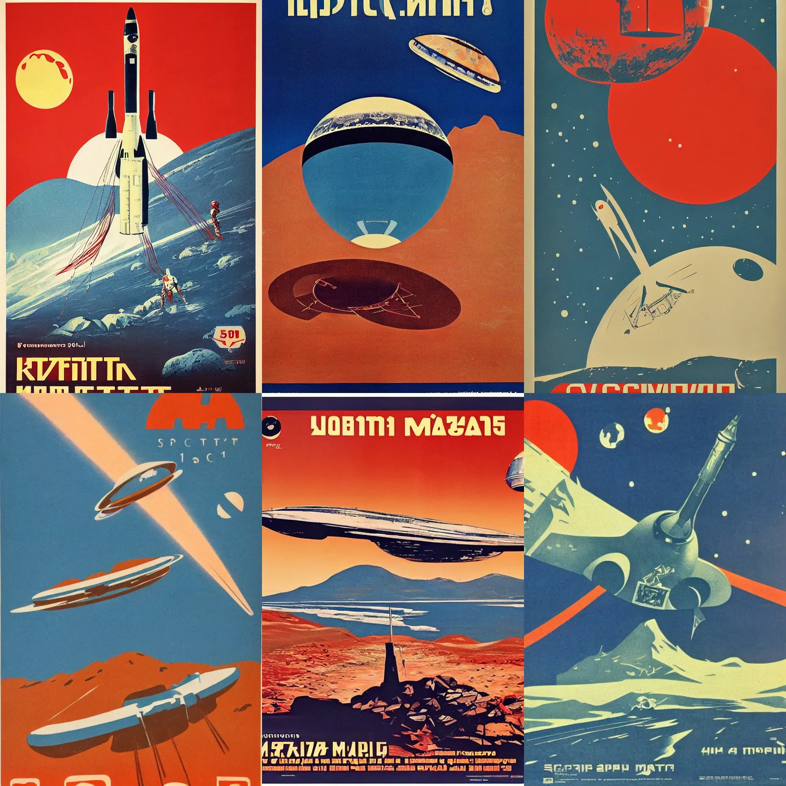 Prompt: Soviet Space craft landing on mars, 60s poster, 1962 Soviet