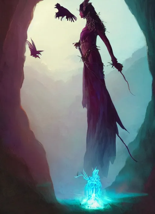 Prompt: hyper realistic photo of beautiful sorceress with a raven on her shoulder and a magic staff in her hand, full body, rule of thirds, conceptart, saturated colors, cinematic, greg rutkowski, brom, james gurney, mignola, craig mullins, artstation, cgsociety