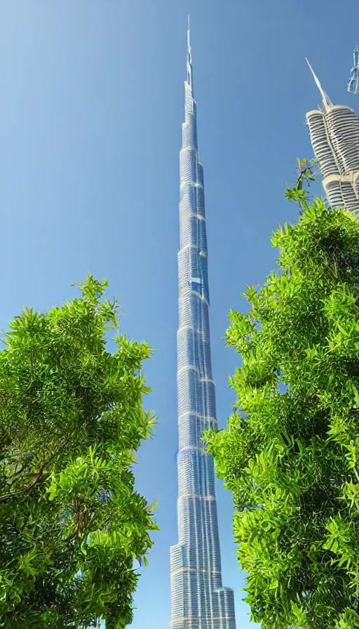 Image similar to the burj khalifa with plants and vines and greenery growing on it. in a beautiful green metropolis surrounded by flowers, trees and greenery.