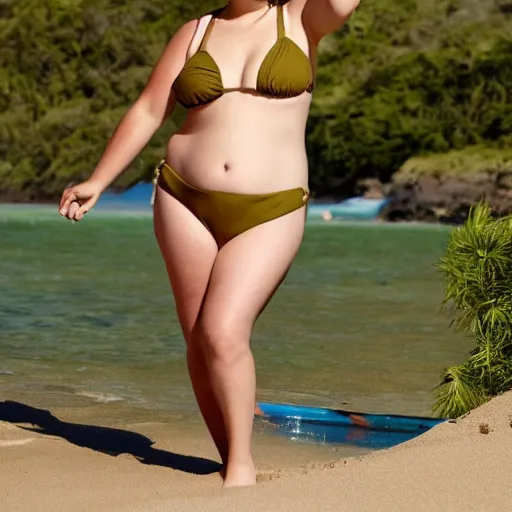 Image similar to a chubby woman with light brown hair and green eyes lounging at the beach wearing a one - piece swimsuit
