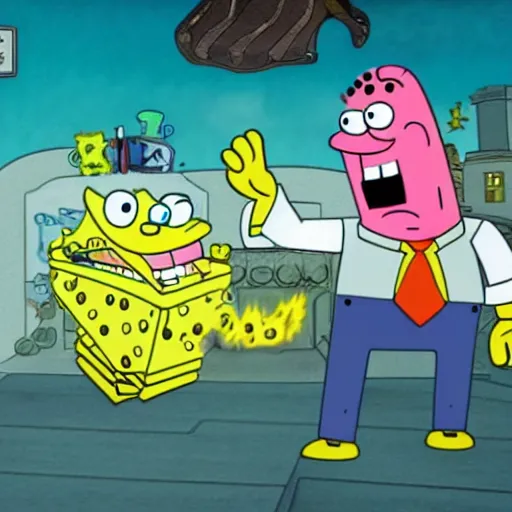 Prompt: patrick fights against spongebob, very detailed