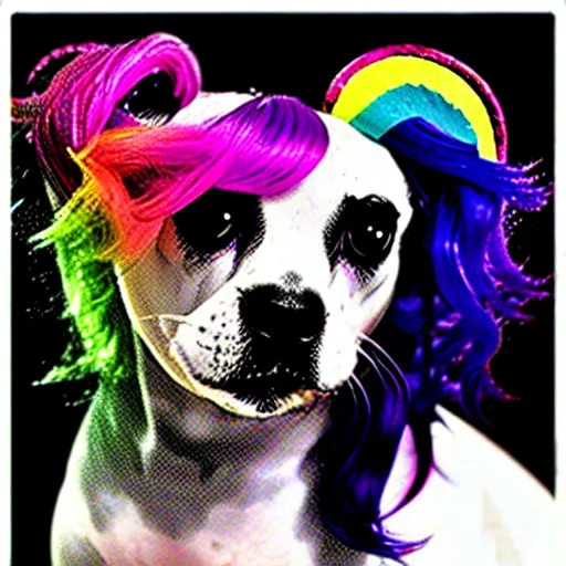 Image similar to an emo dog with rainbow hair, sparkles, deviantart, low quality