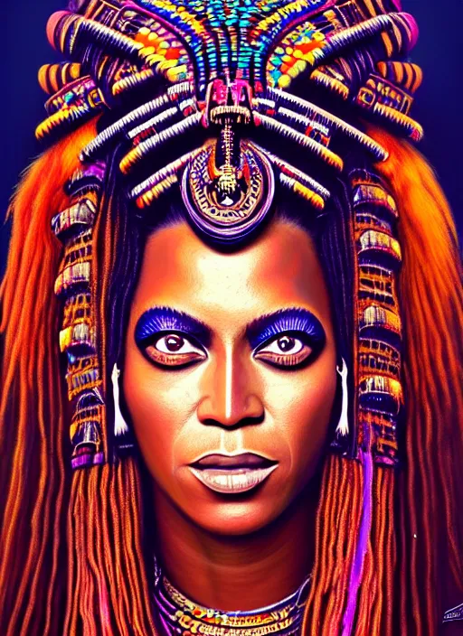 Prompt: portrait of beyonce, hyper detailed ultra sharp aztec shaman warrior. trending on artstation, warpaint aesthetic, bloodwave, colorful, psychedelic, ornate, intricate, digital painting, concept art, smooth, sharp focus, illustration, art by artgerm and greg rutkowski and h. r. giger, 8 k