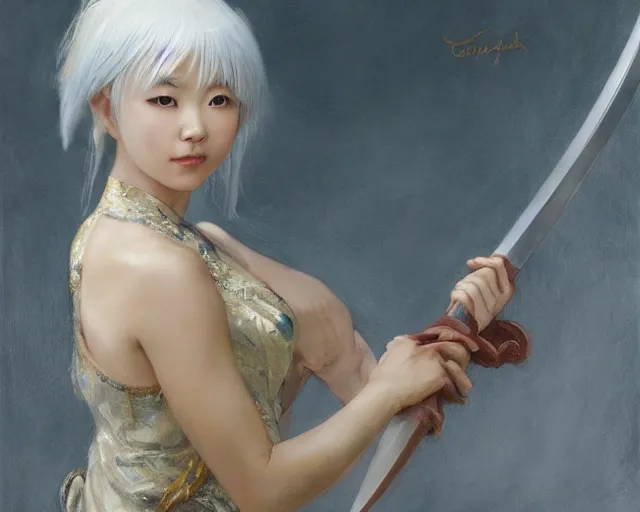 Image similar to a young japanese princess lady with white hair and bangs!!!!, posing with a sword, white hair highly detailed painting by gaston bussiere, craig mullins, j. c. leyendecker 8 k