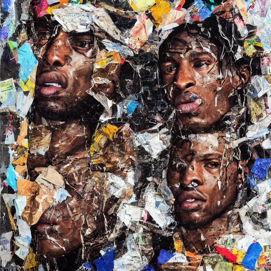 Image similar to rendered in blender travis scott with a trash bag on his head, collage paper and tape, acrylic on canvas, hyperrealism mixed with expressionism, high resolution, cinematic, unreal 6, breathtaking detailed, by blake neubert