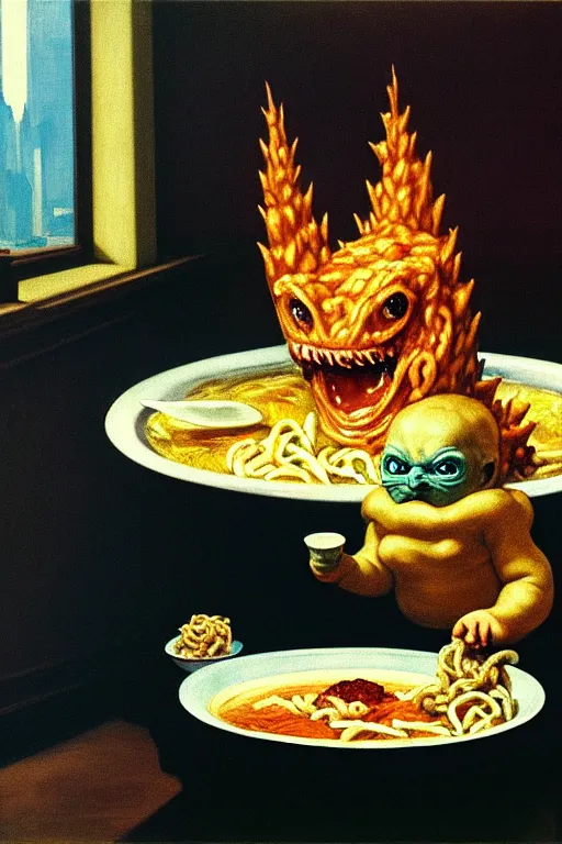 Image similar to evil human giant baby godzilla eating a huge bowl of ramen in new york city, hauntingly surreal, highly detailed painting by francis bacon, edward hopper, adrian ghenie, gerhard richter, and james jean soft light 4 k,