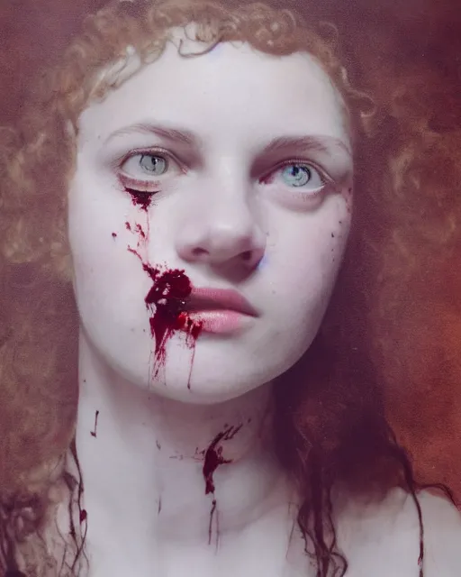 Prompt: an instant photo of a beautiful but creepy young woman in layers of fear, with haunted eyes and curly hair, wearing a vivienne westwood choker, 1 9 7 0 s, seventies, wallpaper, moorland, a little blood, moonlight showing injuries, delicate embellishments, painterly, offset printing technique, by mary jane ansell