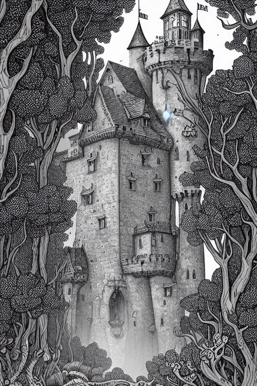 Image similar to a line drawing of an old castle in the woods by joe fenton, trending on artstation, realistic rendering