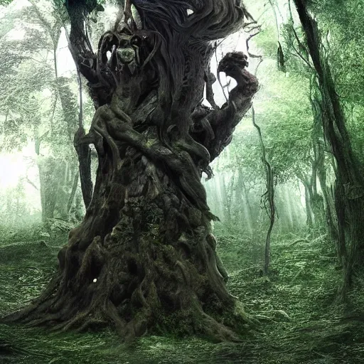 Prompt: horrific portal to hell embedded in a spectacular tree in a densely overgrown jungle, fantasy, dreamlike sunraise, ultra realistic, atmospheric, stopped in time, epic