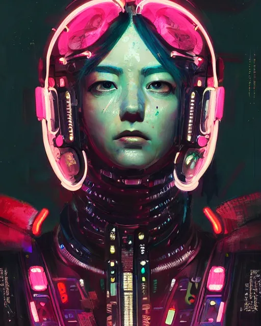 Prompt: detailed portrait cybernetic woman, cyberpunk futuristic neon, reflective puffy coat, decorated with traditional japanese ornaments by ismail inceoglu dragan bibin hans thoma greg rutkowski alexandros pyromallis nekro rene maritte illustrated, perfect face, fine details, realistic shaded, fine - face, pretty face