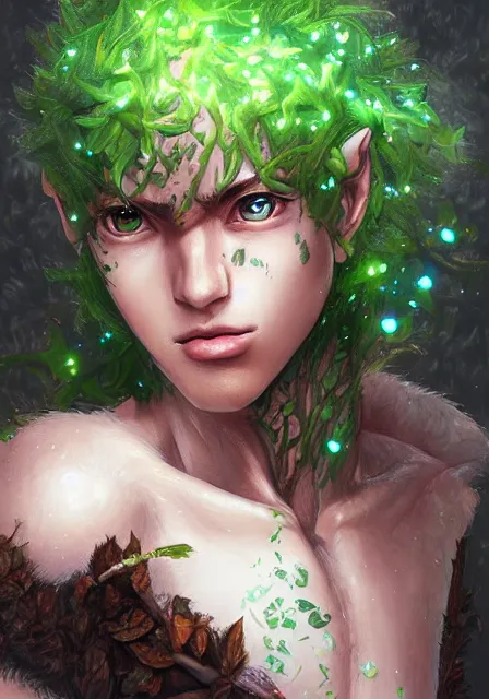 Prompt: A realistic anime portrait of a handsome dryad with glowing green eyes and tree bark skin wearing clothes made of leaves, digital painting, by Stanley Artgerm Lau, Sakimichan, WLOP and Rossdraws, digtial painting, trending on ArtStation, SFW version