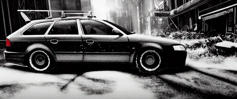 Prompt: Audi A4 B6 Avant (2002), a gritty neo-noir, dramatic lighting, cinematic, eerie person, death, homicide, homicide in the snow, viscera splattered, gunshots, bullet holes, establishing shot, extremely high detail, cracked windows, photorealistic, arson, burning city, cinematic lighting, artstation, by simon stalenhag, Max Payne (PC) (2001) winter New York at night, In the style of Max Payne 1 graphic novel, flashing lights, Poets of the Fall - Late Goodbye