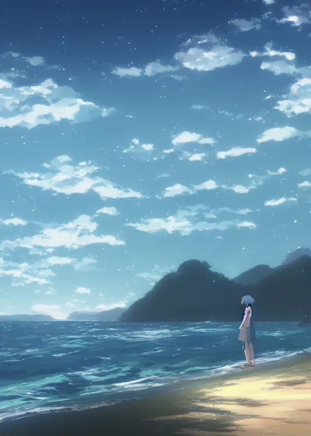 Image similar to sea shore, makoto shinkai