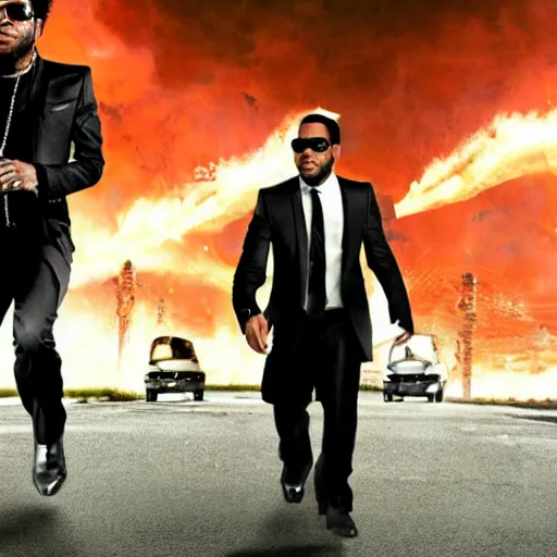 Image similar to lenny kravitz ( with accurate face ) as men in black agent fighting aliens, dynamic movie still, detailed 8 k photorealistic portrait, imdb poster style