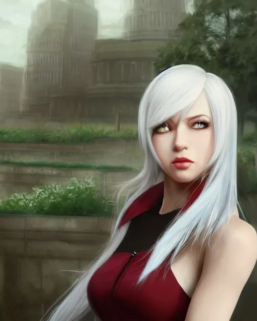 Prompt: tifa lockhart with white hair, beautiful face, very shy, elegant clothes, introverted, garden, utopian city, solarpunk, perfect, attractive, illuminated, ultra realistic, atmosphere, cinematic, artstation, highly detailed, art by dmitry prozorov