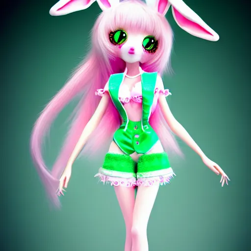 Image similar to ultrarealistic sweet bunny girl, intricate details, green eyes, 8K, long hair, fluffy, pink, lollipop, high octane