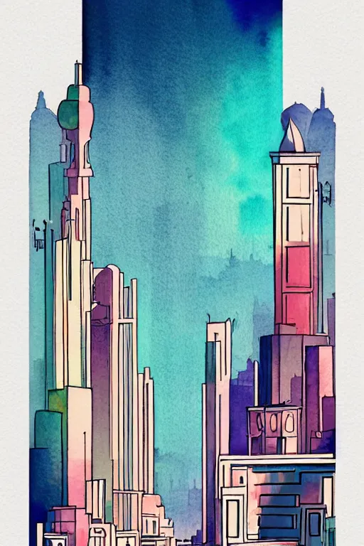 Image similar to minimalist colorful watercolor line art of duabi, art deco, cityscape, matte drawing, poster art