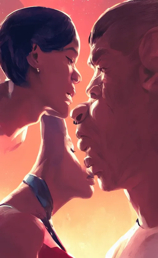 Image similar to Uhura and Spock caught about to kiss, surprise, cute, innocent, soft lighting, standing in a starbase bar, In style of Yoji Shinkawa, wojtek fus, by Makoto Shinkai, concept art, highly detailed