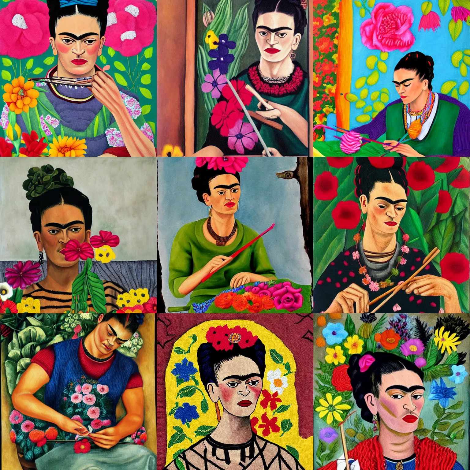 Prompt: frida kahlo style painting a man knitting a sweater made out of flowers