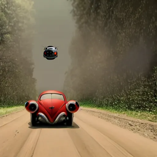 Prompt: promotional movie scene of a ( volkswagen beatle ) and lady bug hybrid. a volkswagen merged into a bug. it is racing down a dusty back - road. cinematic, 4 k, imax, 7 0 mm