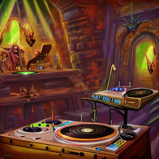 Prompt: fantasy painting of a dj set with turntable in a fantasy dungeon in the style of dnd,