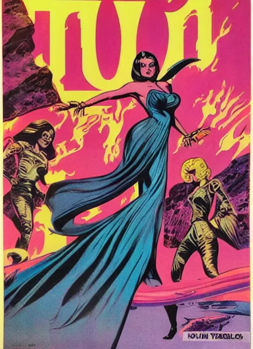 Image similar to Beautiful female powerful epic space wizard with long hair in 'Valley of the Dolls', retro science fiction cover by Jon Steranko and Kelly Freas (1965), vintage 1960 print, vivid, detailed