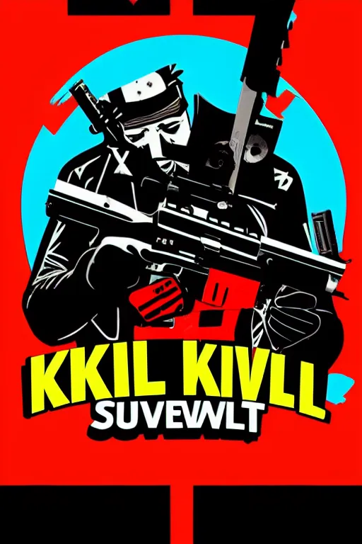 Image similar to kill to survive, shoot to kill logo. pop art, no duplicate image, glowing lights, highly detailed, digital painting, artstation, concept art, smooth, sharp focus, illustration, details type, art by richard hamilton and mimmo rottela