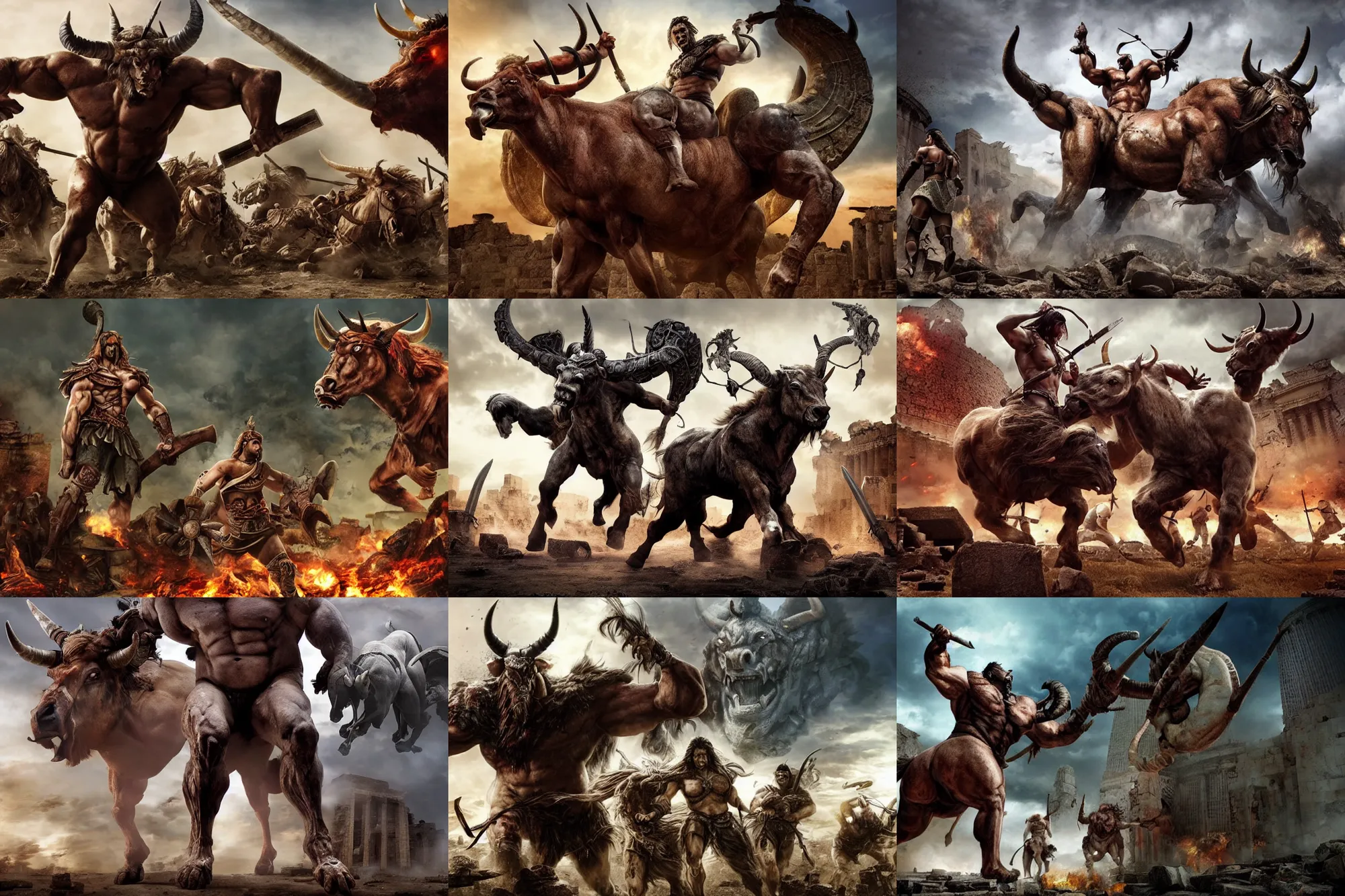 Prompt: immense, colossal demonic bullcentaur with giant horns and bulging muscles. rampaging across the ruins of an ancient city under siege. war. terror. death. bollywood fantasy action movie still. spartans defend the city.