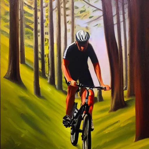 Prompt: man with helmet biking up a steep forest hill, sweaty. Oil painting. Emotional.