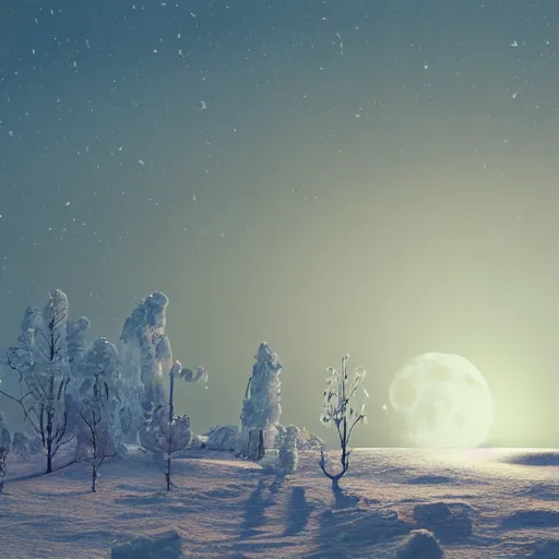 Image similar to a winter scene with the moon rising above the horizon, octane render by lisa frank