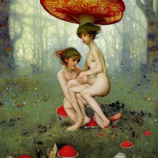 Image similar to masterpiece full body portrait of a two beautiful fairies romping on a giant amanita muscaria mushroom cap, by Edgar Maxence and Ross Tran and Michael Whelan and Gustav Klimpt