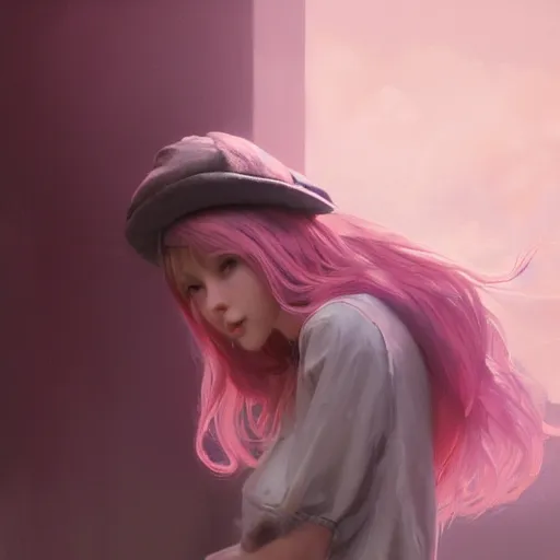 Image similar to a photorealistic dramatic fantasy render of a pink coloured haired young girl with a black wool street hat on her head by wlop, artgerm, greg rutkowski, alphonse mucha, beautiful dynamic dramatic dark moody lighting, shadows, cinematic atmosphere, artstation, concept design art, octane render, 8 k