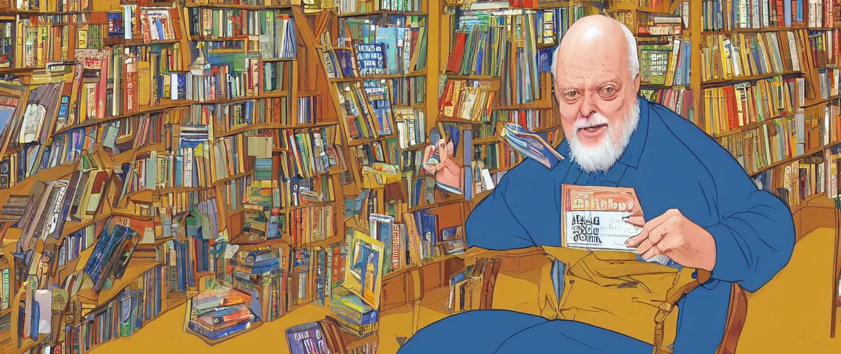 Image similar to an awesome jean giraud digital painting of robert anton wilson telling jokes at a local bookstore in the new age section