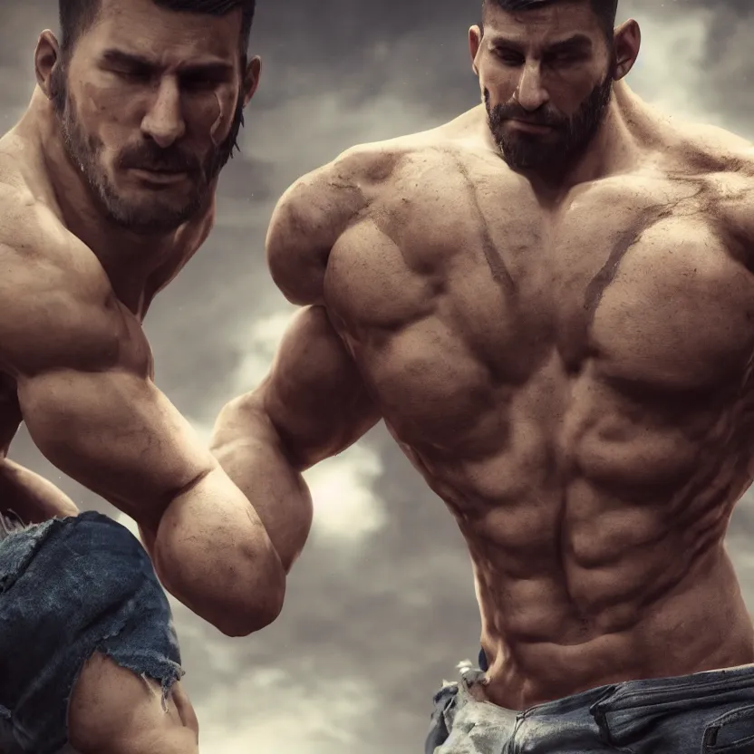 Image similar to a muscular man wearing torn clothes, looking to the right, profile picture, hyperrealistic, concept art, octane render, unreal engine 5, trending on artstation, high quality, highly detailed, 8 k, dramatic lighting, cinematic, high coherence, anatomically correct, five fingers, digital art, seductive