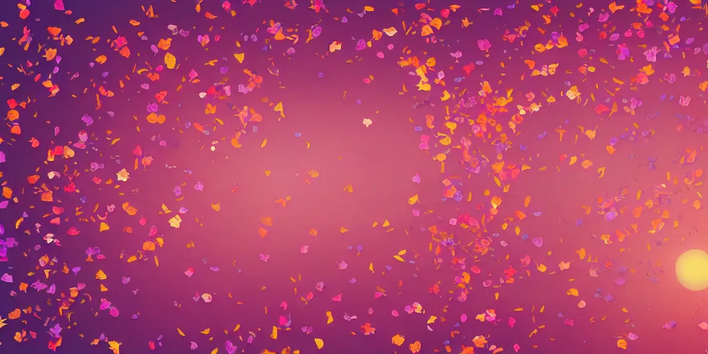 Prompt: background art of spaciously scattered flower petals flowing and flowing through the air from left to right on a simple sunset background, large individual rose petals, large triangles, polygonal fragments, anime, artgerm, manga, trending on artstation, art nouveau, mature color scheme