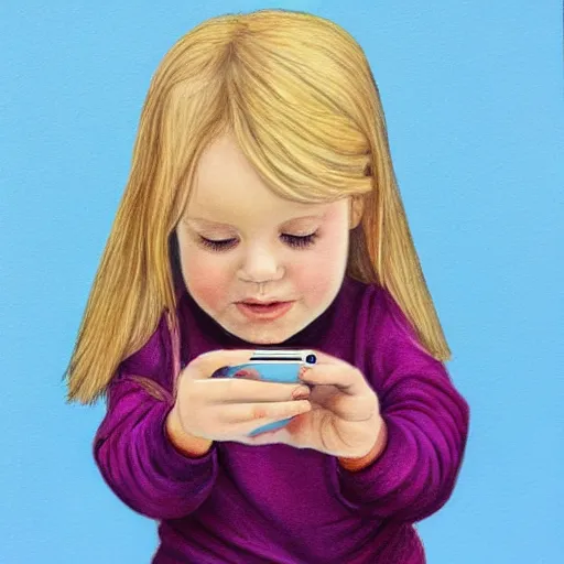 Image similar to 3 year old blonde girl with iphone, colored pencil on white background by eloise wilkin