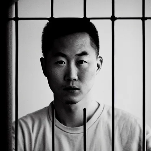 Image similar to an 8 5 mm portrait of a justin sun in prison looking through the bars of his cell, by annie leibovitz, shallow depth of field, cinematic lighting