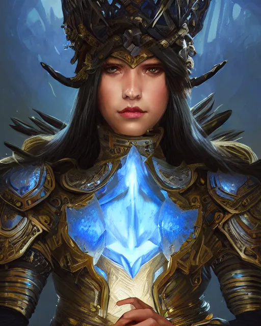 Image similar to Portrait of a Fantasy azure knight, moonlit, HD, illustration, epic, D&D, fantasy, intricate, elegant, highly detailed, digital painting, artstation, concept art, smooth, sharp focus, illustration, art by artgerm and greg rutkowski and alphonse mucha, monster hunter illustrations art book