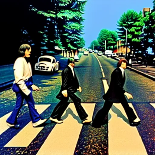 Image similar to the three stooges crossing abbey road,