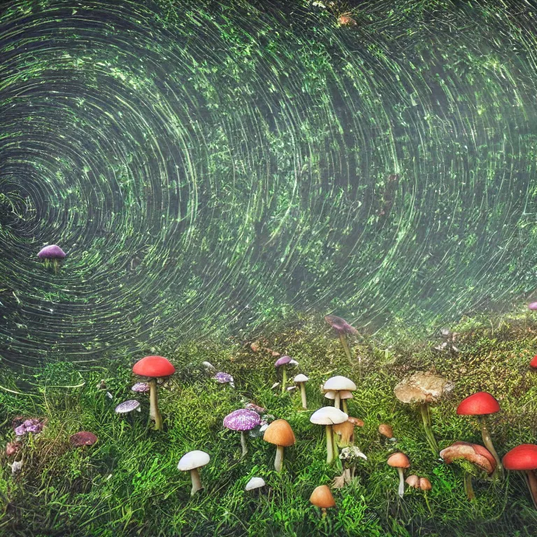 Image similar to a planet of various fungus, mushrooms, flowers and plants, inside the picture is infinity, Atmospheric, artistic photography, conceptual, long exposure outside the city, volumetric light