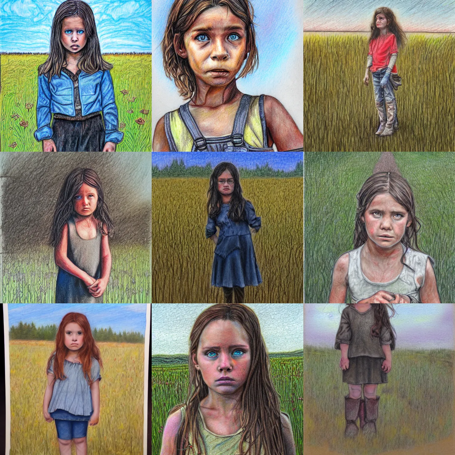 Prompt: post apocalyptic portrait colored pencil drawing of curious girl standing in field looking at camera.