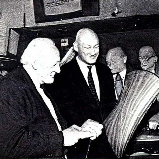 Image similar to buzz aldrin playing the drums while Lenin reads from a bible in a downtown New York jazz club in the late 1950's. etching