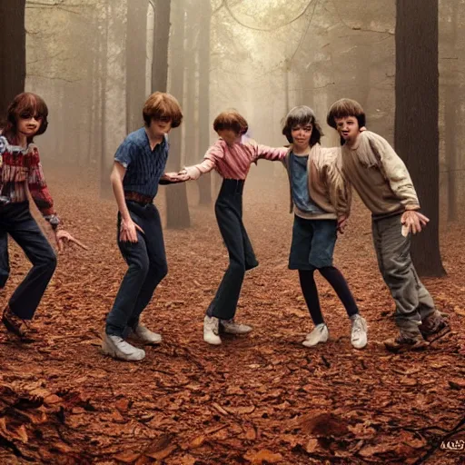 Image similar to Stranger Things cast dancing in a forest, 8k UHD, high quality, studio photo,