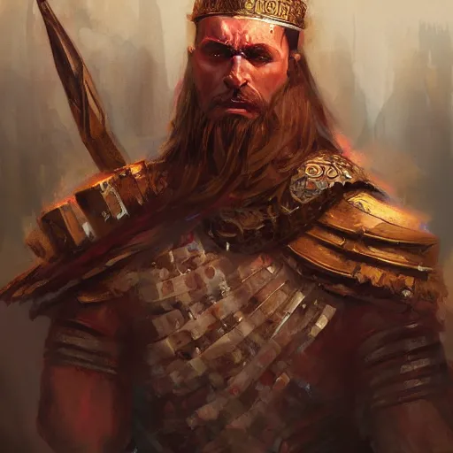 Prompt: highly detailed painting of a warrior god king by jon foster, high fantasy, trending on artstation